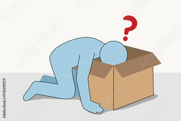 Fototapeta uncertain man looking in box with question mark on head, mix feeling of fear anxiety nervous sad , abstract cartoon vector