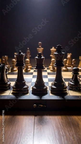 Obraz Strategic Chess Game - A Focused View of Black Pieces in Play.