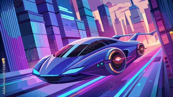 Fototapeta Futuristic eco vehicle gliding above glowing city streets, sleek aerodynamic form, luminous energy core, and minimalist metallic body, symbolizing innovation, sustainability, and next-generation trans