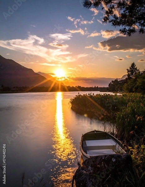 Obraz Sunset Serenity - A Tranquil Lake Scene with Boat.