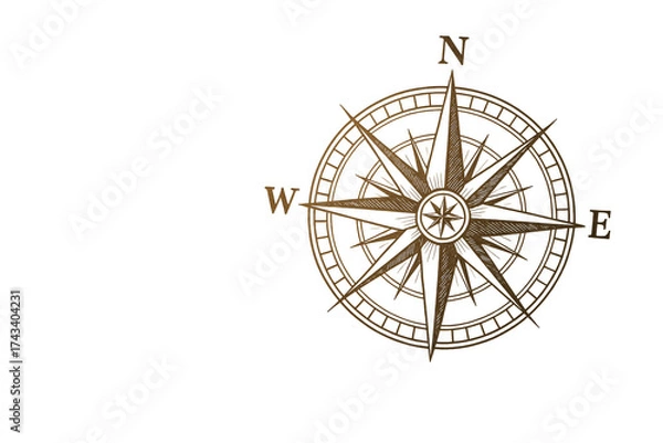 Fototapeta Hand-drawn brown compass rose element with cardinal directions isolated on clean white background, concept of travel and navigation. Ai generative