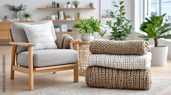 Fototapeta Cozy Beige Knit Blankets Stacked Next to Comfortable Chair in Modern Room