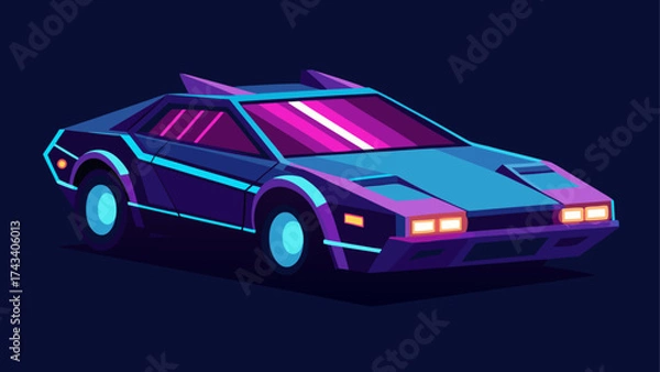 Fototapeta Futuristic cyberpunk car glowing with neon lights, sharp metallic edges, and glass cockpit, isolated on dark background, vector design for sci-fi city, night drive, and future energy themes.