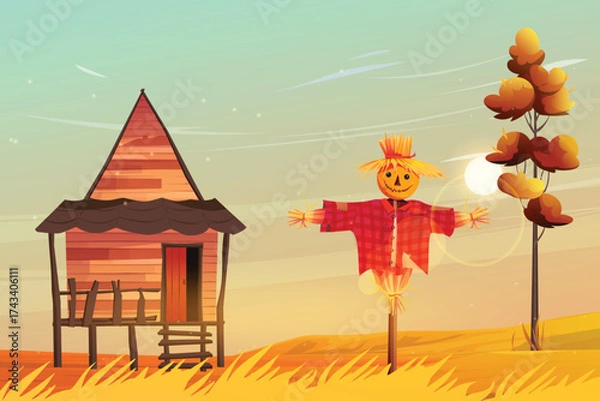 Obraz Countryside scene with scarecrow and cabin
in autumn
