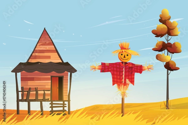 Obraz Countryside scene with scarecrow and cabin
in autumn
