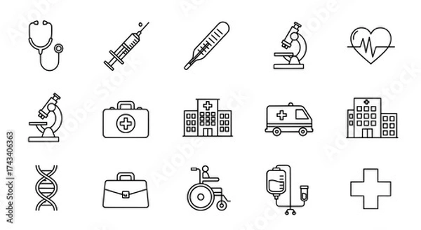 Fototapeta Collection of hand drawn medical icons representing healthcare symbols and equipment for a clean and modern design