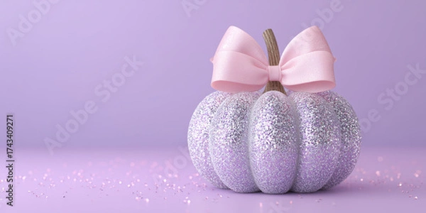 Fototapeta glamorous glitter pumpkin with sparkling sequins and a big pink bow
