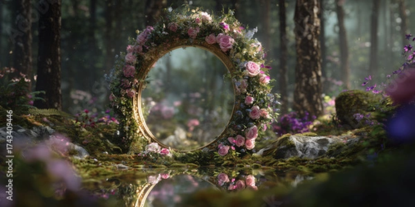 Fototapeta mystical round mirror standing in the middle of an enchanted forest
