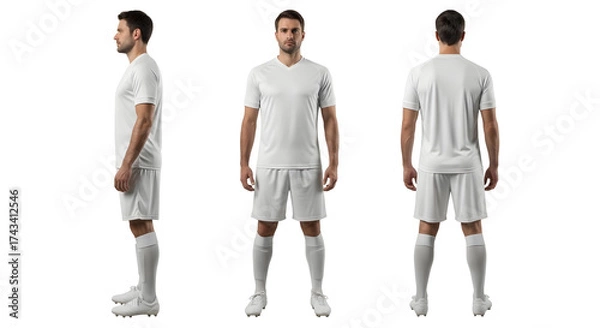 Obraz Male Soccer Player in White Uniform from Three Angles.