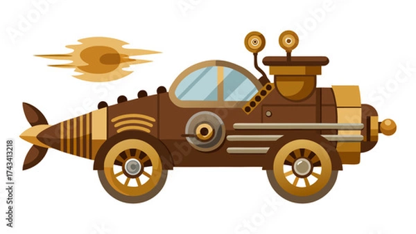 Fototapeta Steampunk flying car with brass gears, leather seats, and steam engine exhaust, vector artwork, white background, perfect for fantasy invention, retro future, and imaginative mechanical world design.