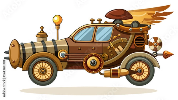 Fototapeta Steampunk flying car with brass gears, leather seats, and steam engine exhaust, vector artwork, white background, perfect for fantasy invention, retro future, and imaginative mechanical world design.