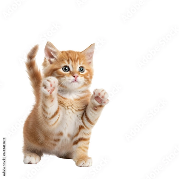 Obraz Playful Orange Tabby Kitten Standing on Hind Legs with Paws Raised.