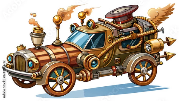 Fototapeta Steampunk flying car with brass gears, leather seats, and steam engine exhaust, vector artwork, white background, perfect for fantasy invention, retro future, and imaginative mechanical world design.