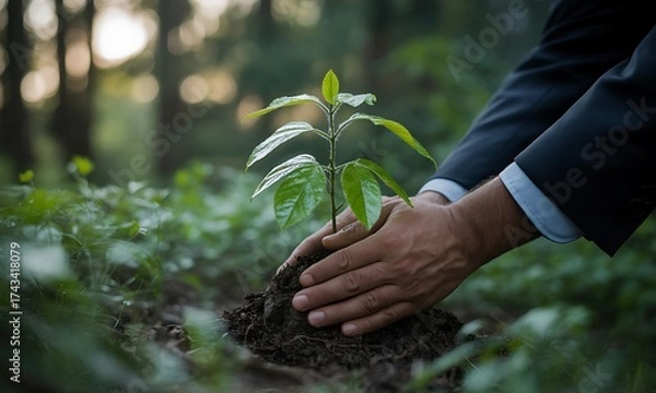 Fototapeta Close-up of hands in formal suit planting young green sapling in forest soil, ideal for promoting environmental conservation and corporate sustainability initiatives