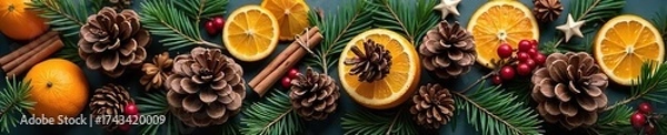 Obraz Charming Rustic Christmas Decoration Pinecones, Cinnamon, Dried Oranges