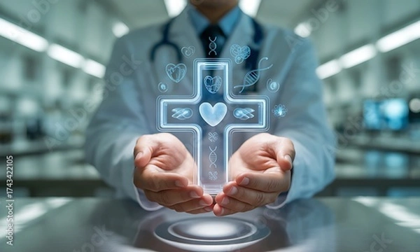 Fototapeta Doctor presenting glowing holographic medical cross with health and DNA icons, ideal for illustrating modern healthcare innovation and medical technology concepts