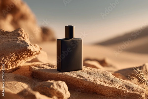 Obraz black perfume mockup in a sand rocks