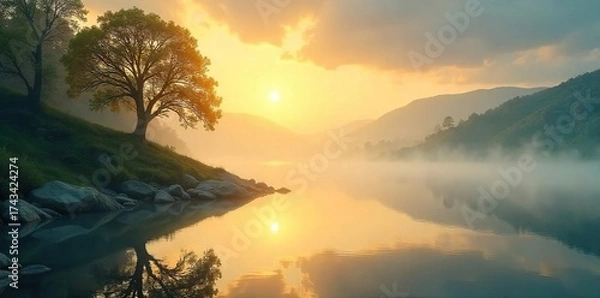 Obraz Golden Sunlight Bathes Serene Landscape Ethereal Mist Swirls Gently Over Tranquil Waters, Reflecting a Peaceful Sky - Perfect for Meditation and Mindfulness