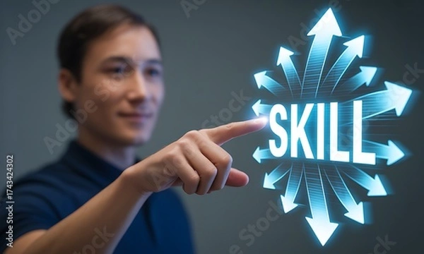 Fototapeta Person pointing at glowing skill text with radiating arrows, ideal for illustrating personal development, career growth, and professional training concepts