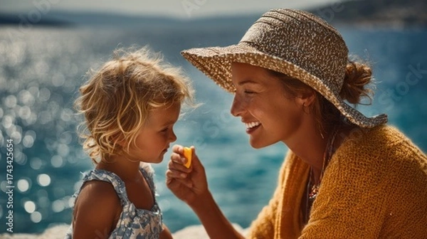 Fototapeta Loving Mother Sharing Fruit with Daughter by the Sea on Sunny Summer Day