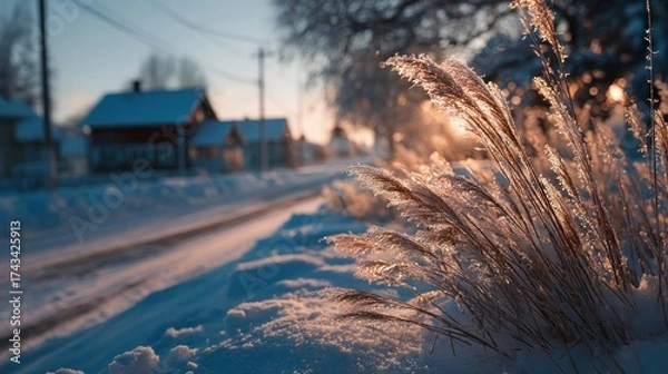 Fototapeta Golden hour illuminates winter's icy embrace on rural landscape with snow