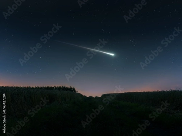 Fototapeta Fireball in the evening sky over the fields. Bright shooting star. Meteor illuminates the starry sky.