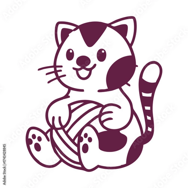 Fototapeta A charming cartoon illustration of a happy spotted cat sitting and playing with a ball of yarn.