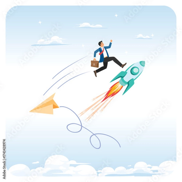 Fototapeta Change to better company concept. Businessman Leaps Toward Success On A Rocket Launch.