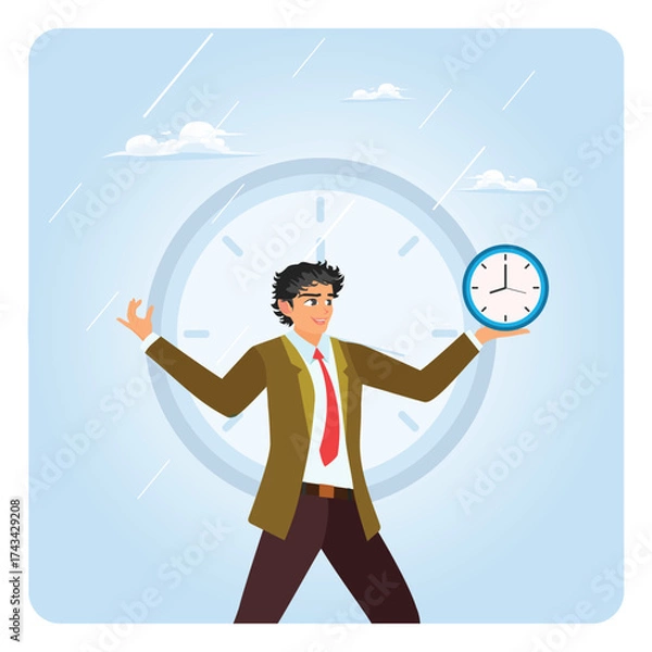 Fototapeta Time management concept. Punctual businessman holding clock with precise timing.