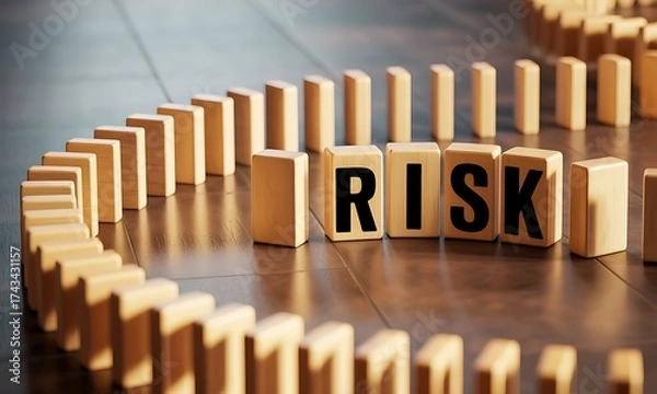 Fototapeta Wooden domino blocks in circular pattern with 'RISK' text, ideal for illustrating business strategy, decision making, and chain reaction concepts