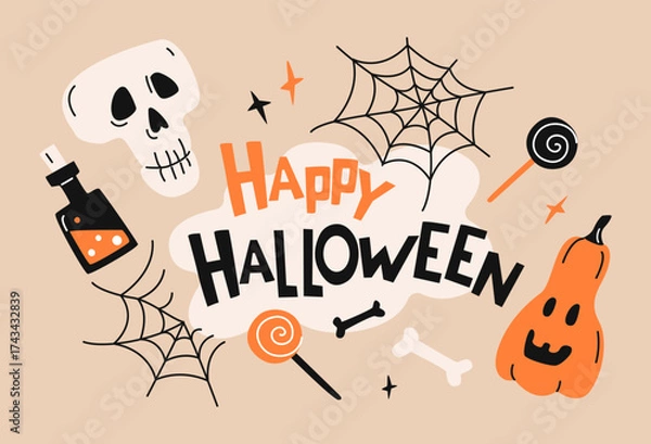 Fototapeta Flat Halloween vector illustration with fun festive elements. Pumpkin, skull, candies, potion bottle, spider webs and “Happy Halloween” lettering. For greeting cards, posters, banners, invitations, so