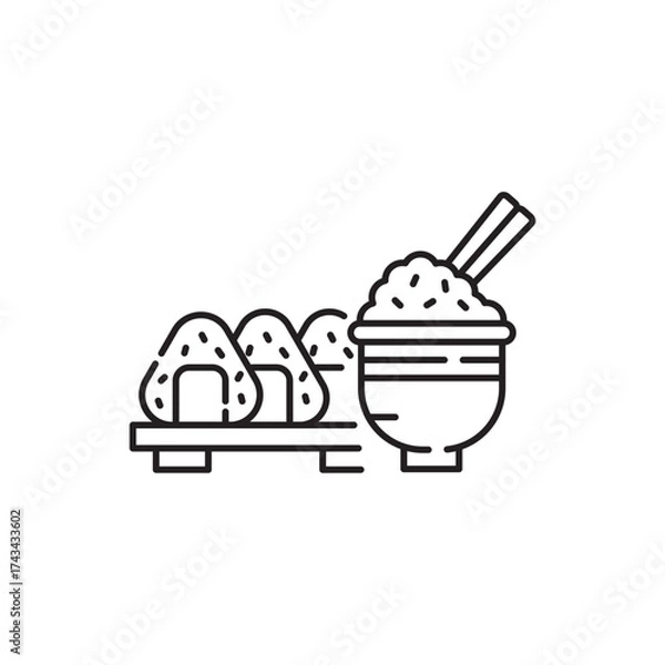 Fototapeta Onigiri and Japanese rice icon, food Symbol Outline icon Transparent background Editable Stroke