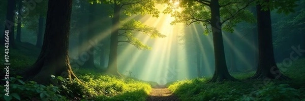 Fototapeta Sunbeams Illuminate Lush Forest Canopy, Creating Magical Dappled Light, Perfect for Fantasy and Nature Themes