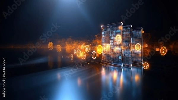 Obraz Digital Data Flow with Glowing Symbols and Technology Elements