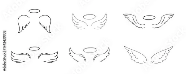 Fototapeta Angel or bird wings with halo set line. Hand drawn doodle wings with feather, sketch silhouette outline. symbol of heaven. Cute stylized design elements. 