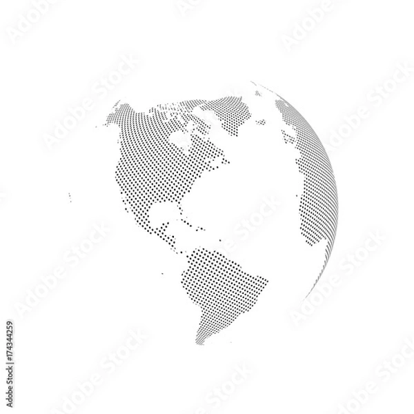 Fototapeta Abstract Globe with Dotted Map. Black and White Halftone Effect Vector Illustration.