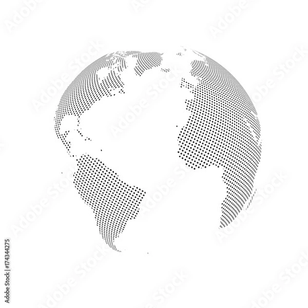 Fototapeta Abstract Globe with Dotted Map. Black and White Halftone Effect Vector Illustration.