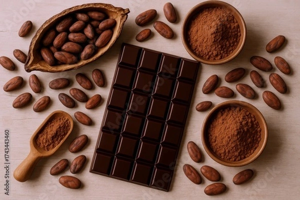 Fototapeta Dark chocolate bar surrounded by cocoa powder, beans, and pods offers a sweet indulgence, perfect for baking, dessert recipes, and illustrating confectionery delights