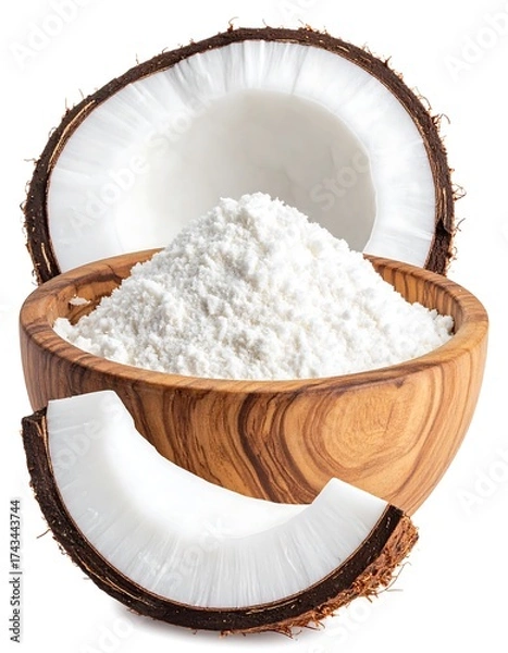 Obraz Coconut flour in a wooden bowl with coconut halves