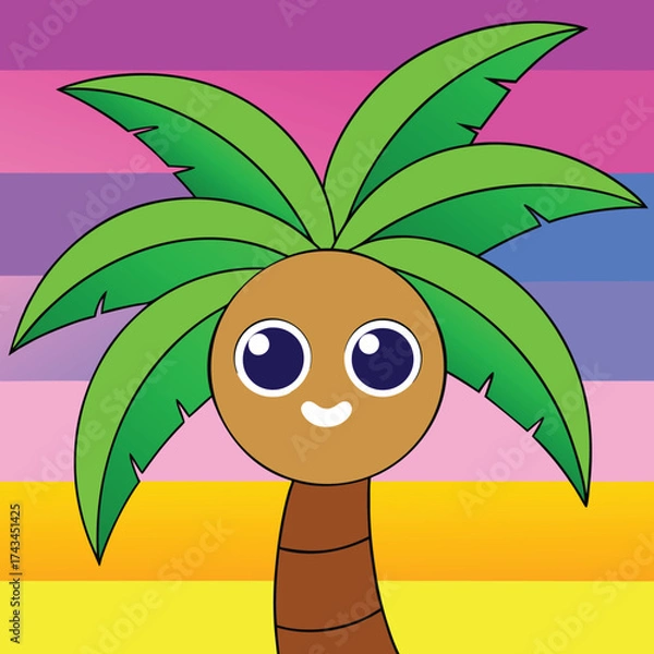 Fototapeta Vector art of cute cartoon palm tree with a happy face and colorful background