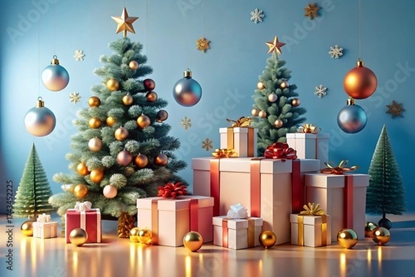 Fototapeta Festive christmas trees decorated with ornaments and lights, surrounded by beautifully wrapped gift boxes, creating a warm and inviting holiday scene