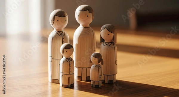 Fototapeta Wooden Family Figurines Standing Together on Table in Sunlight