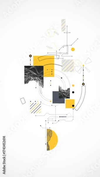 Fototapeta Minimal abstract composition with wireframe mountains, dots, and lines.
