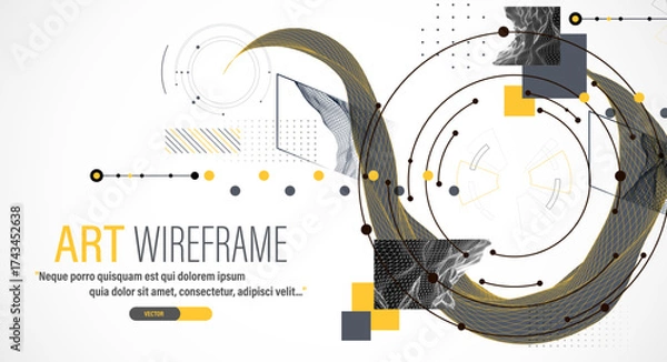 Fototapeta Minimal abstract composition with wireframe waves, geometric shapes, dots, and lines.