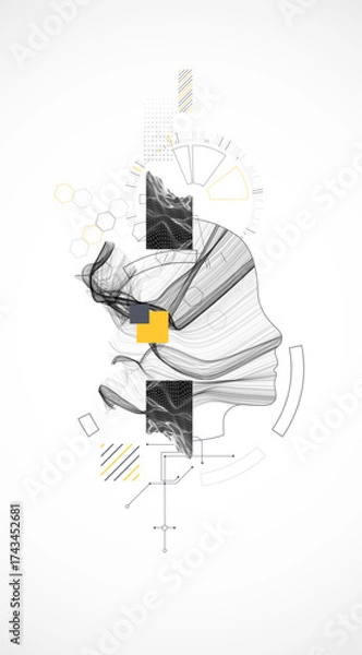 Fototapeta Creative illustration. The outline of the head with waves in the middle is complemented by various technological art elements.