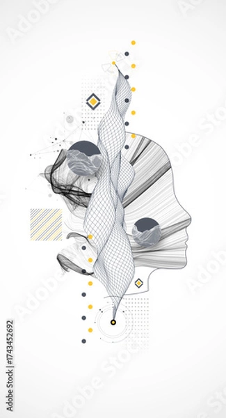Fototapeta Creative illustration. The outline of the head with waves in the middle is complemented by various technological art elements.