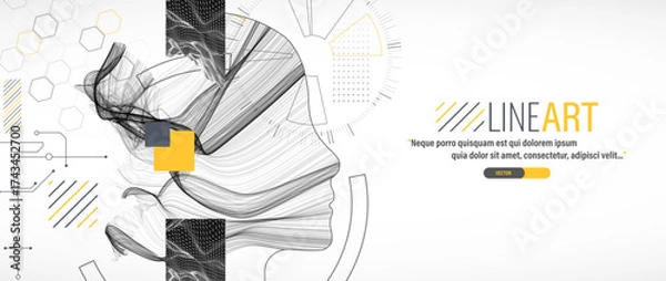 Fototapeta Creative illustration. The outline of the head with waves in the middle is complemented by various technological art elements.