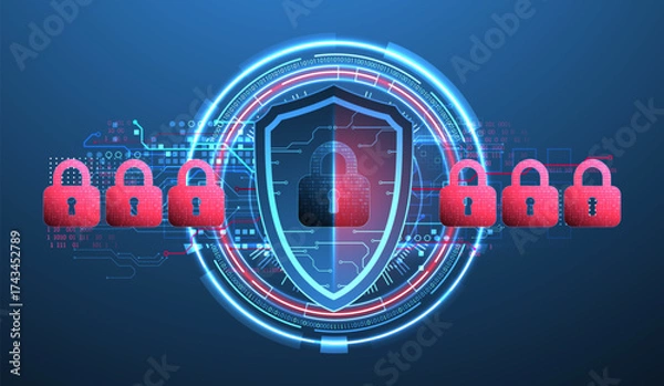 Fototapeta Abstract technological background on the topic of information protection. Various technological elements with padlocks inside which is a digital code.