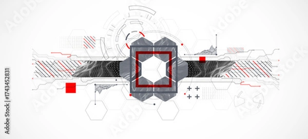 Fototapeta Abstract composition with wireframe mountains, geometric hexagons, dots, and lines.