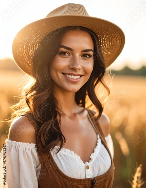 Fototapeta Portrait of a smiling woman in a field.